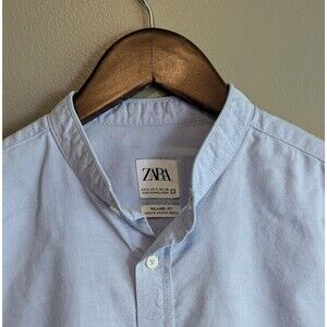 Zara Mens Small Blue Oxford Shirt Band Collar Mandarin Grandad Relaxed Fit LS